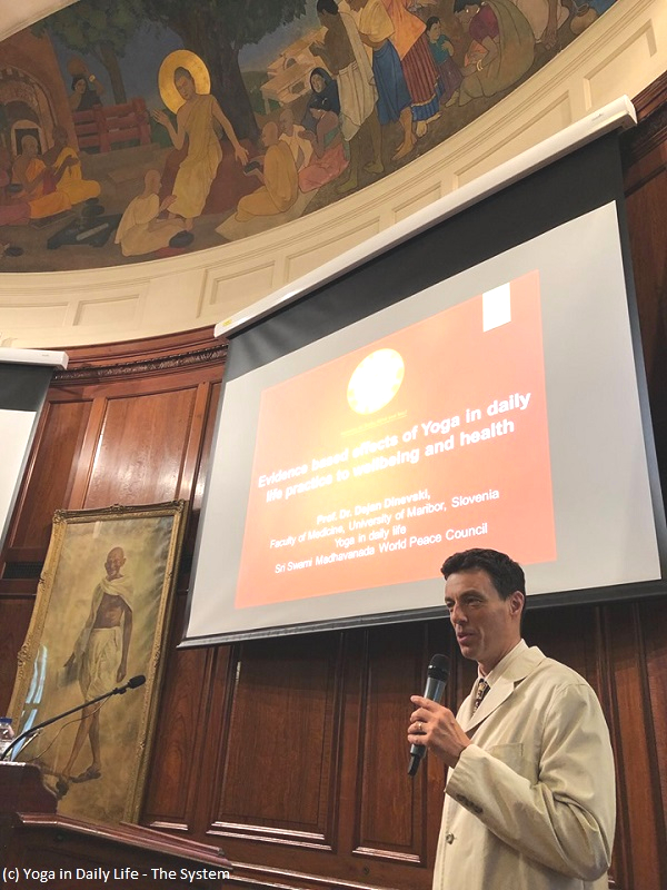 IDY 2019 International Yoga Conference, Gandhi Hall, India House, London - Dr Dayalpuri presentation on YIDL Research IDY London Dayalpuri